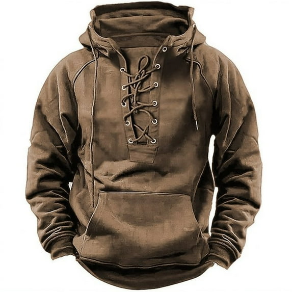 Hpapadks Hoodie Men Rotro Distressed Lace Up Hoodies Pullovers with Front Pocket Solid Tactical Hooded Sweatshirts Outdoor Sports Men's Sweatshirts
