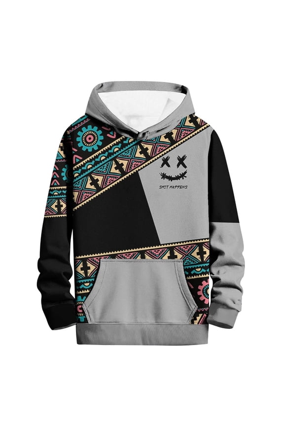 Hoodies Men Vintage Patchwork Hoodies Pullover with Front Pocket Long Sleeve Drawstring Hooded Sweatshirts for Men