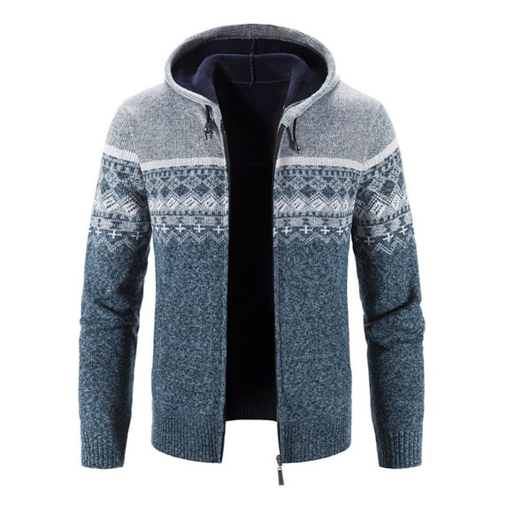 Hpapadks Hoodies Men Winter Cardigan Sweaters Hooded Thick Knitted Full Zip Jacket with Fair Isle Pattern Sweatshirts for Men