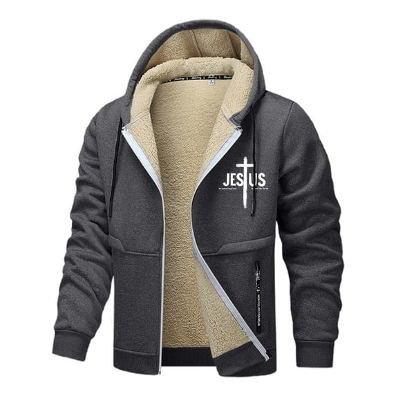 Hpapadks Hoodies for Men Winter Heavyweight Lined Zip Up Hoodies Pullover with Zippered Pocket Cross Print Windproof Warm Outerwear Mens Sweatshirts