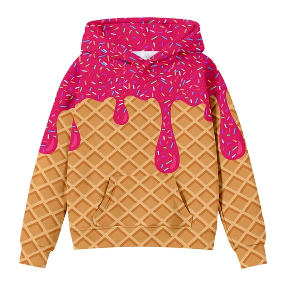 Hpapadks Hoodies for Boys Kids Ice Cream Print Pullover No Drawstring Sweatshirts Pullover 4-5 Years Girls Sweatshirt Red