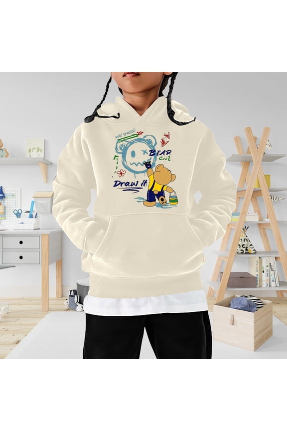 Hoodies for Girls Boys Girls Cartoon Bear Print Hoodie Casual Cute Top Boys Sweatshirts Beige 4-5 Years