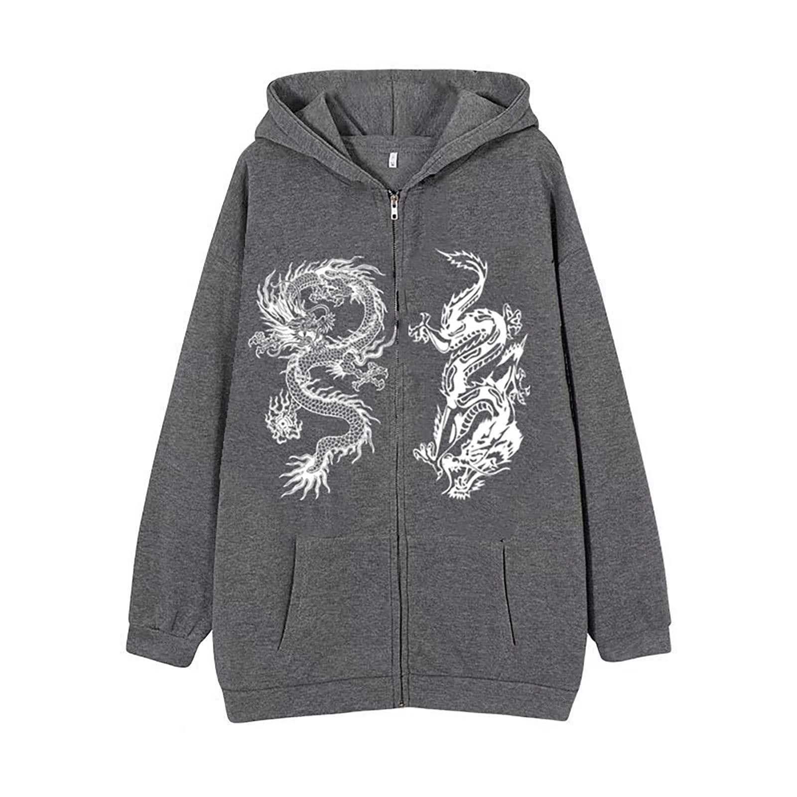Hpapadks Hoodies for Men Oversized Full Zip Hoodies Pullover with Chinese Dragon Print Gothic Graphic Hooded Jacket Sweatshirts for Men