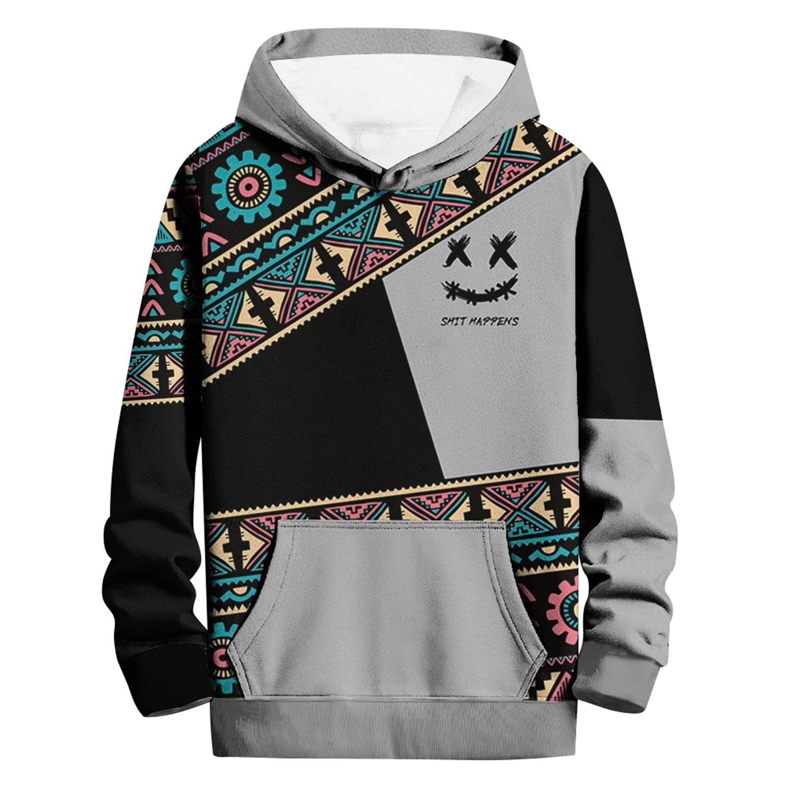 Hpapadks Hoodies for Men Vintage Patchwork Hoodies Pullover with Front Pocket Long Sleeve Drawstring Hooded Men's Sweatshirts