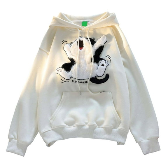 Hpapadks Hoodies for Women Cat Embroidered Hooded Long Sleeve Oversized Drawstring Pocket Hoodies Pullover Fall Womens Sweatshirt D Beige XL