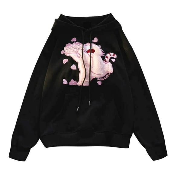 Hpapadks Hoodies for Women Cat Embroidered Hooded Long Sleeve Oversized Drawstring Pocket Hoodies Pullover Fall Womens Sweatshirt F Black XL