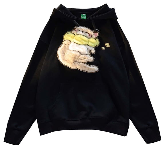 Hpapadks Hoodies for Women Cute Cat Embroidered Hooded Long Sleeve Oversized Pocket Hoodies Pullover Fall Womens Sweatshirt G Black XL