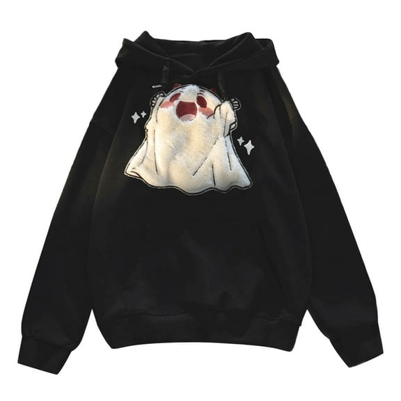 Hpapadks Hoodies for Women Embroidered Hooded Long Sleeve Oversized Drawstring Pocket Hoodies Pullover Fall Womens Sweatshirt E Black M