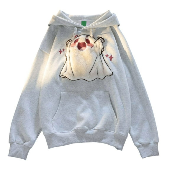 Hpapadks Hoodies for Women Embroidered Hooded Long Sleeve Oversized Drawstring Pocket Hoodies Pullover Fall Womens Sweatshirt E Grey L