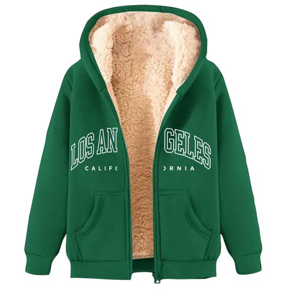 Hpapadks Hoodies for Women Long Sleeve Zipper Letter Print Oversized Warmed Velvet Hooded Womens Sweatshirt Green XXL