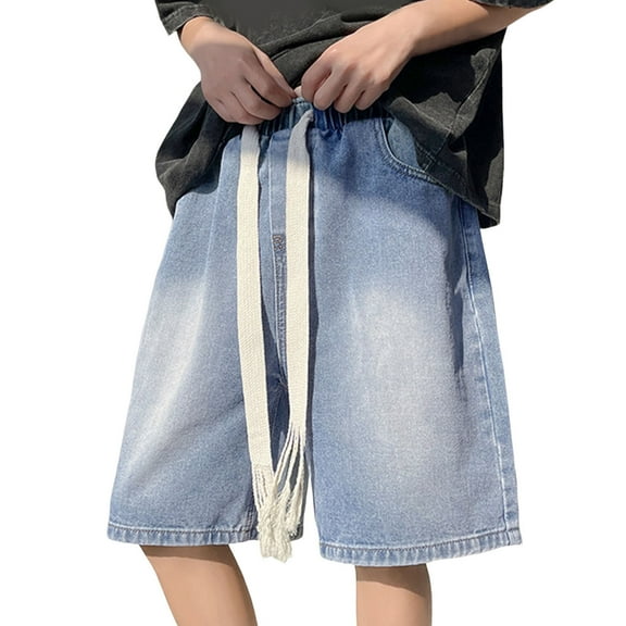 Hpapadks Jean Shorts Men Drawstring Stretch Elastic Waist Knee Length Denim Bermuda Shorts with Pockets Baggy Straight Leg Mens Denim Shorts Dark Blue L