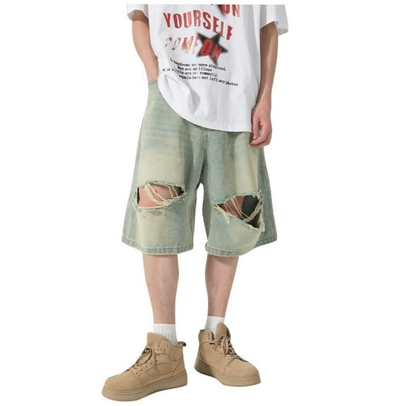 Hpapadks Jean Shorts Men Retro Ripped Distressed Loose Fit Denim Bermuda Shorts Baggy Knee Length Gradient Color Men Denim Shorts Blue L