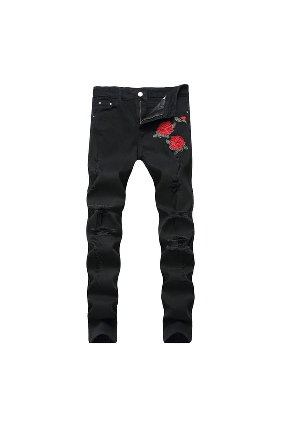 Jeans for Men Embroidered Rose Slim Legs Stretch Ripped Denim Pants Mens Jeans Black S