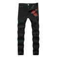 thumbnail image 1 of Hpapadks Jeans for Men Embroidered Rose Slim Legs Stretch Ripped Denim Pants Mens Jeans Black XL, 1 of 6
