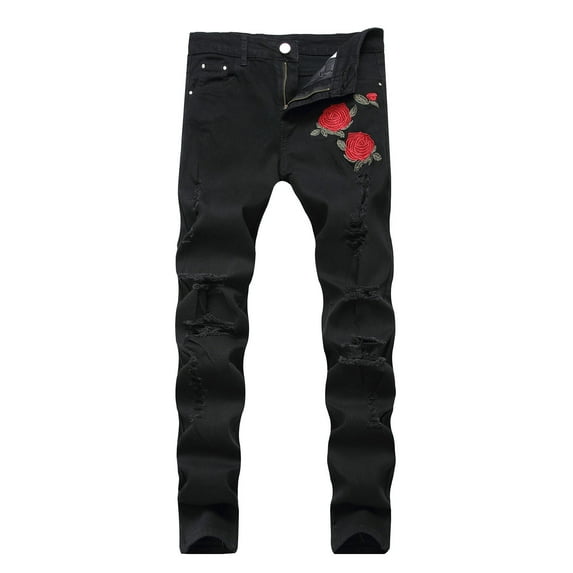 Hpapadks Jeans for Men Embroidered Rose Slim Legs Stretch Ripped Denim Pants Mens Jeans Black XXXL