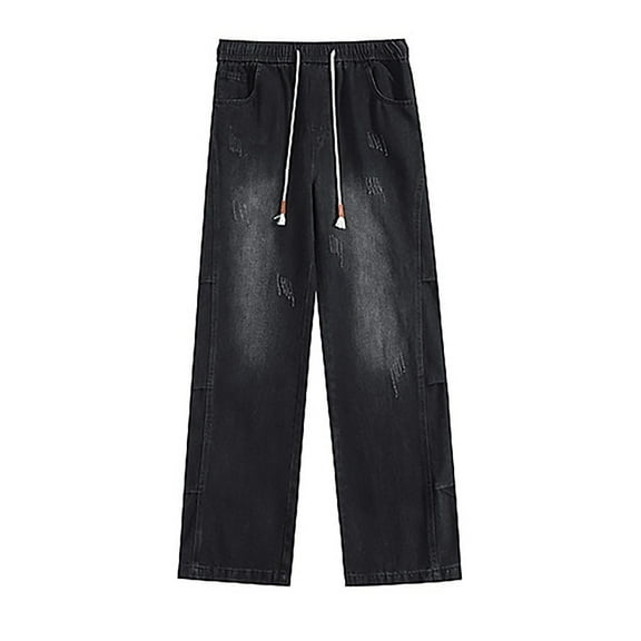 Hpapadks Jeans for Men Washed Vintage Print Casual Straight Leg Slim Drawstring Denim Trousers Mens Jeans Black M