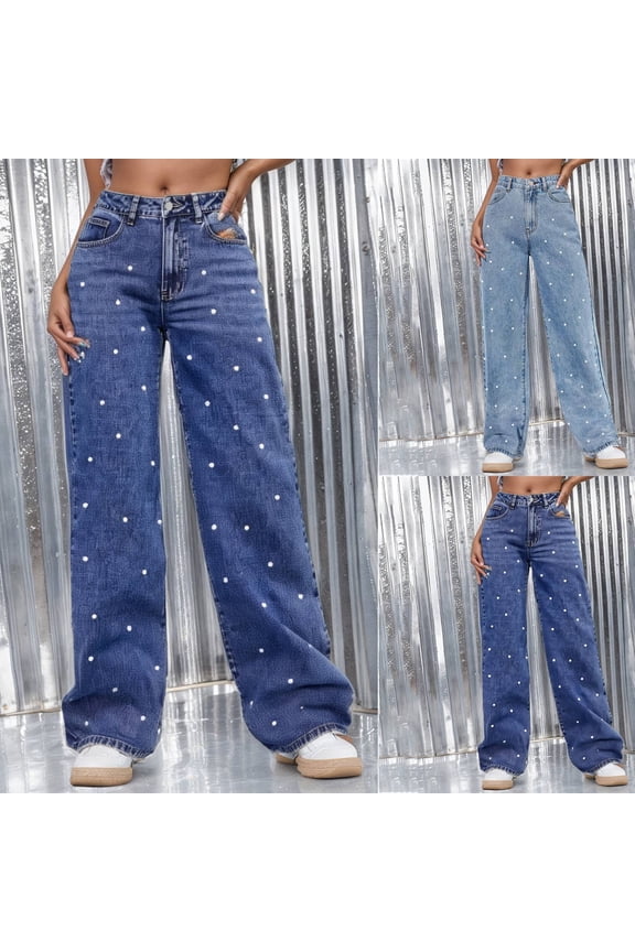 Jeans for Women Trendy Straight Leg Stretch Everyday Wear Versatile Denim Pant with Pearl Embellishments Pants for Women Dark Blue L