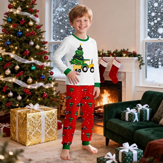 Hpapadks Kids Pajamas Boys Kids Tractor Christmas Tree Long Sleeve Pajama Set Loungewear Boys Pjs Multicolour 2-3 Years