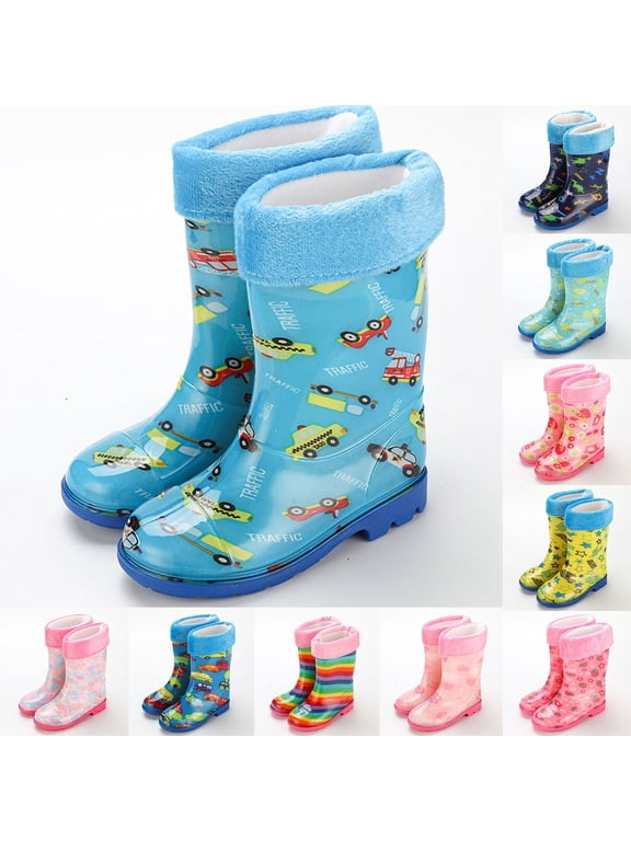 Kids Rain Boots Cartoon Printing Rubber Winter Warm Waterproof Water Shoes Solid Casual Hiking Outdoor Play Mid Calf Yellow 9.5-10 Y