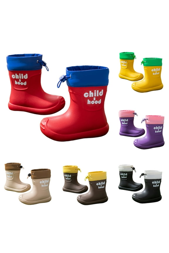 Kids Rain Boots Winter Warm Solid Non Slip Water Shoes With Adjustable Drawstring Outdoor Play Spring Summer Casual Black 15-18 m