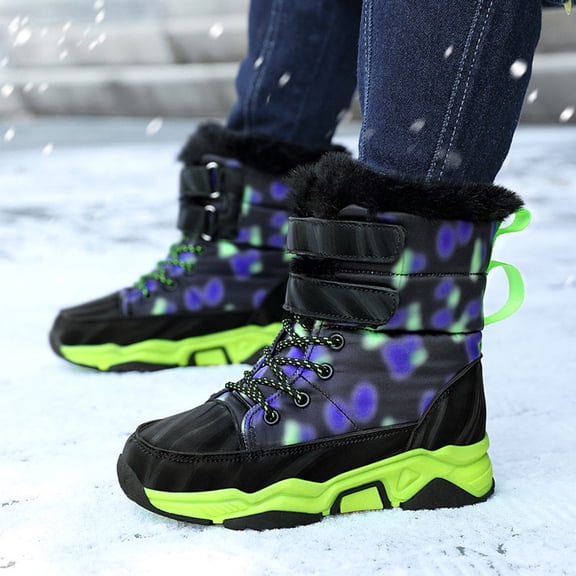 Hpapadks Kids Snow Boots Thick Soled Plus Velvet Warm Snow Shoes Outdoor High Top Fashionable Velvet Snow Shoes Winter Boots for Boys Green