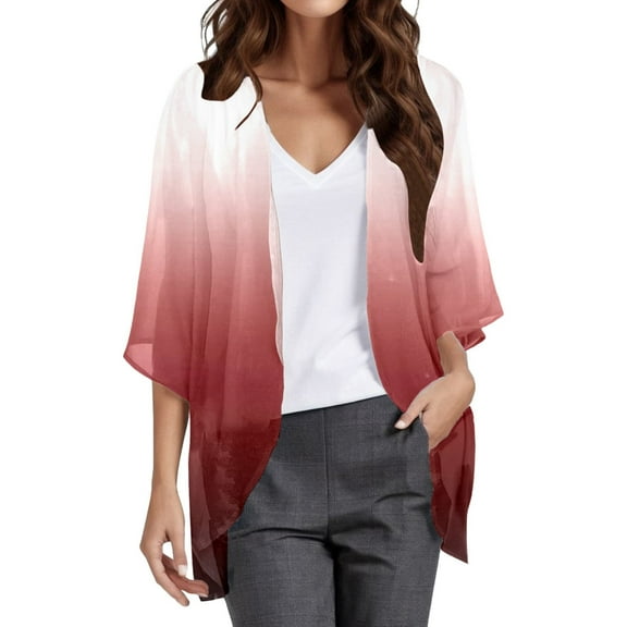 Hpapadks Kimono Cardigans for Women Gradient Puff Sleeve Chiffon Loose Cover Up Casual 3/4 Sleeve Open Front Sunproof Shirt Beach Coverups for Women 2025
