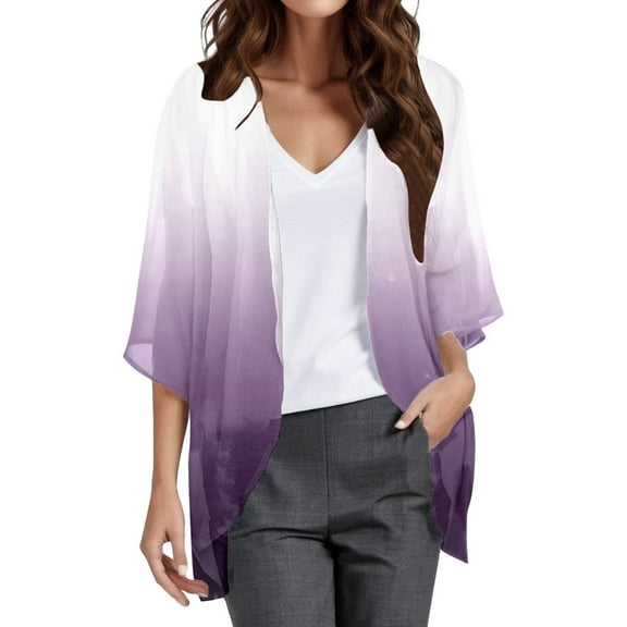 Hpapadks Kimono Cardigans for Women Gradient Puff Sleeve Chiffon Loose Cover Up Casual 3/4 Sleeve Open Front Sunproof Shirt Coverups for Women 2025