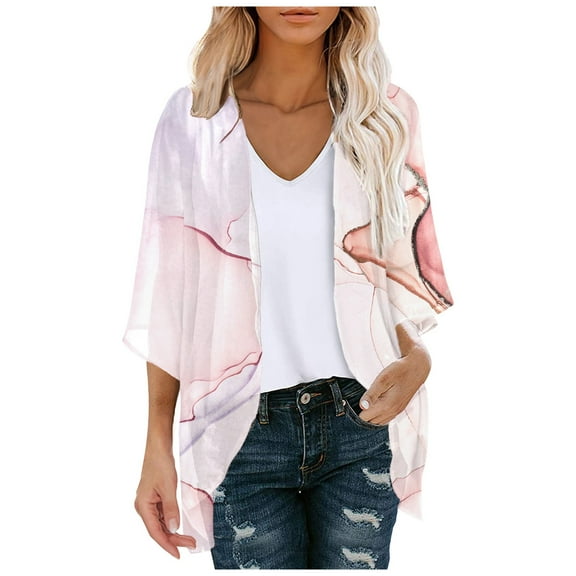 Hpapadks Kimono Cardigans for Women Puff Sleeve Chiffon Loose Cover Up Casual 3/4 Sleeve Open Front Sunproof Floral Shirt Beach Cover Ups for Women