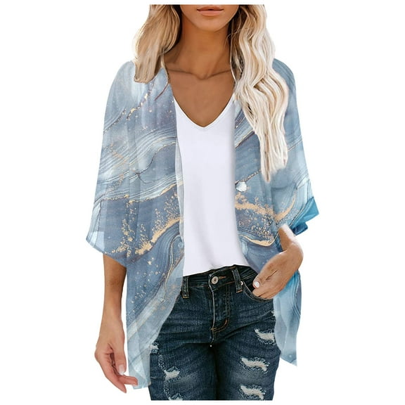 Hpapadks Kimono Cardigans for Women Puff Sleeve Chiffon Loose Cover Up Casual 3/4 Sleeve Open Front Sunproof Floral Shirt Lightweight Summer Cardigan