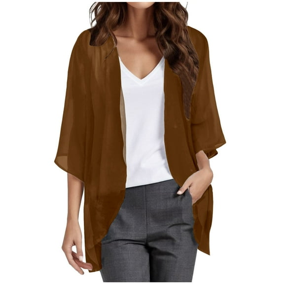 Hpapadks Kimono Cardigans for Women Puff Sleeve Chiffon Loose Cover Up Thin Solid 3/4 Sleeve Open Front Sunproof Shirt Shrugs for Women Dresses