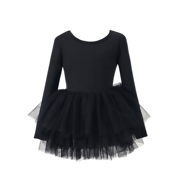 Hpapadks Leotards for Girls Ballet Dance Solid Bodysuit Crisscross Long Sleeve Elegant Tutu Skirted Leotard Dresses for Girls Black 3-4Y