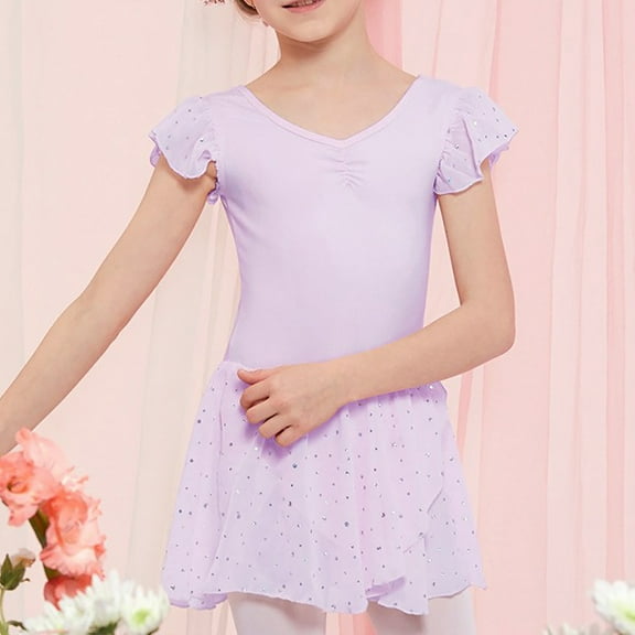 Hpapadks Leotards for Girls Ballet Dancewear Bodysuit Backless Fly Sleeve Irregular Sequins Skirted Leotard Girls Dress Light Purple 150