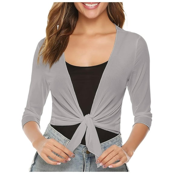 Hpapadks Light Weight Cardigan Women Front Tie Chiffon 3/4 Sleeve Solid Breathable Mesh Beach Sunscreen Small Shawl Top Shrugs for Women