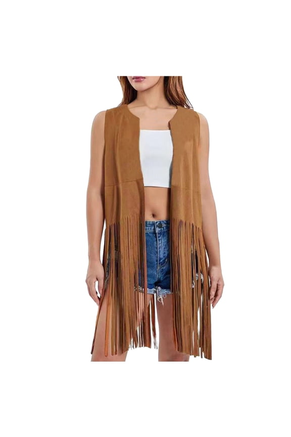 Long Cardigans for Women Fringe Vest 70S Hippie Sleeveless Solid Western Faux Suede Tassel Leather Outerwear Cardigan for Women