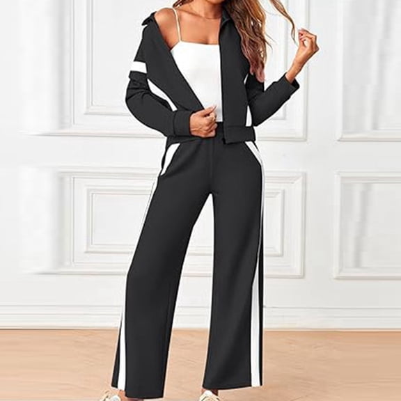 Hpapadks Lounge Sets for Women Sportswear 2 Piece Outfits Long Sleeve Color Block Zipper Sweatshirt Wide Leg Pant Suit Tracksuits for Women Set
