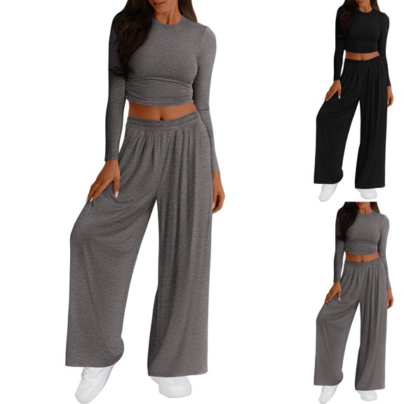 Hpapadks Loungewear Sets Woman Casual Long Sleeve Solid Crop Top Elastic Waist Wide Leg Pants Sweatsuit Womens Tracksuit Set