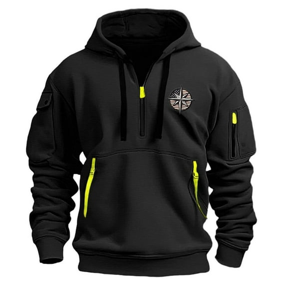 Hpapadks Men Hoodie Athleisure Half Zip Hoodies Pullover with Zippered Pocket Arm Embroidered Tactical Hooded Sweatshirts for Men