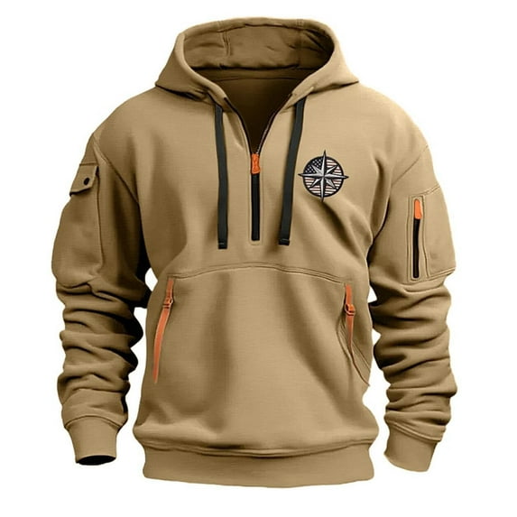Hpapadks Men Hoodie Athleisure Half Zip Hoodies Pullover with Zippered Pocket Arm Embroidered Tactical Hooded Sweatshirts for Men