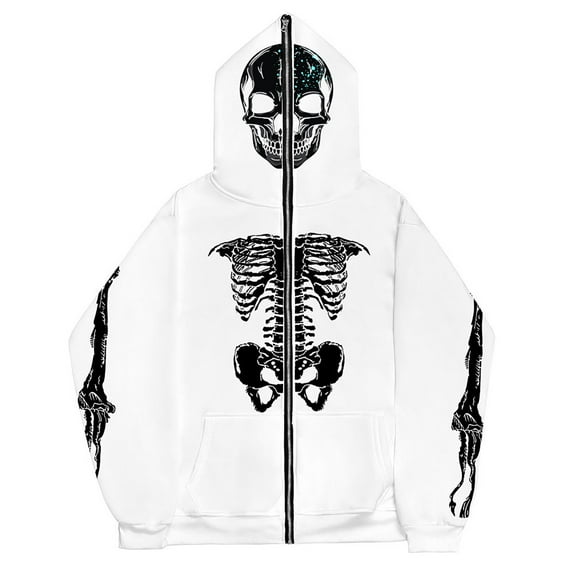Hpapadks Men Hoodie Glow In The Dark Vintage Gothic Skull Print Full Zip Hoodies Pullover with Pocket Halloween Hooded Jacket Men's Sweatshirts