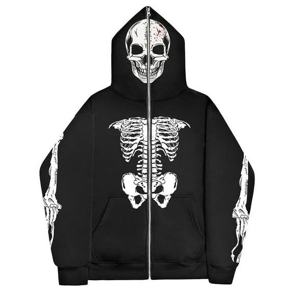 Hpapadks Men Hoodie Glow In The Dark Vintage Gothic Skull Print Full Zip Hoodies Pullover with Pocket Halloween Hooded Jacket Sweatshirts for Men