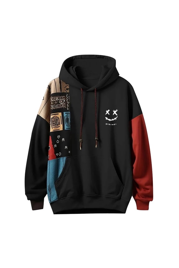 Men Hoodie Vintage Patchwork Hoodies Pullover with Front Pocket Long Sleeve Drawstring Hooded Sweatshirts for Men