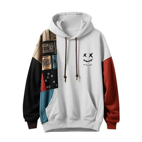 Hpapadks Men Hoodie Vintage Patchwork Hoodies Pullover with Front Pocket Long Sleeve Drawstring Hooded Sweatshirts for Men