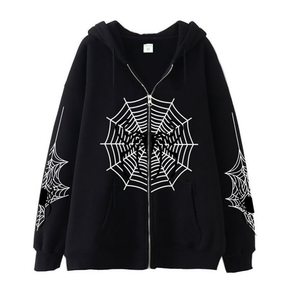 Hpapadks Men Hoodies Halloween Retro Spider Web Print Full Zip Hoodies Pullover with Pocket Oversized Long Sleeve Hooded Jacket Men's Sweatshirts
