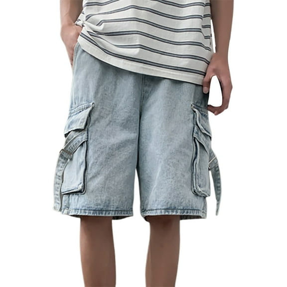 Hpapadks Men Jean Shorts Loose Fit Oversized Street Knee Length Cargo Jeans Shorts Summer Casual Sport Men's Denim Shorts Light Blue S