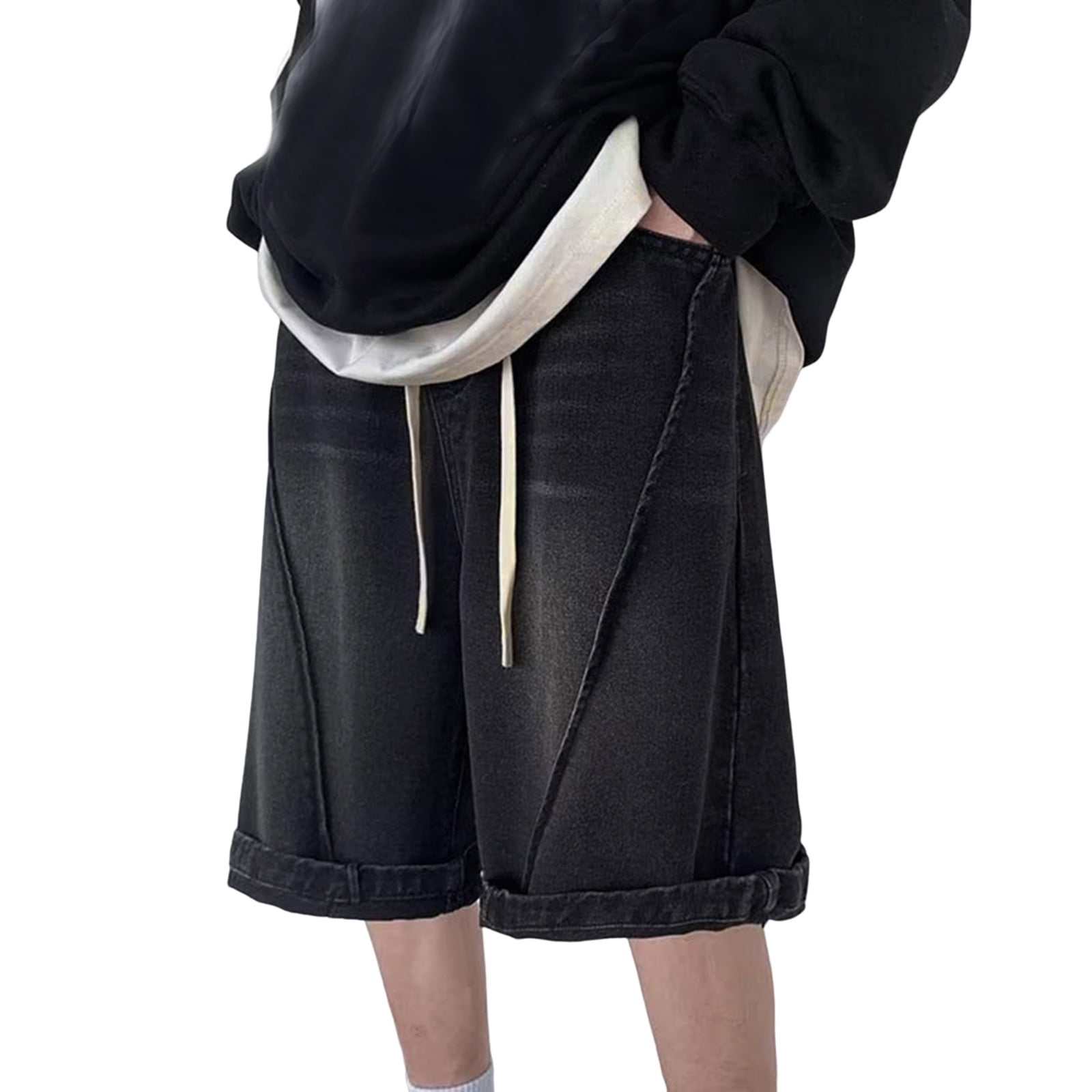 Men's Wide-Leg Denim Shorts with Plaid Accent