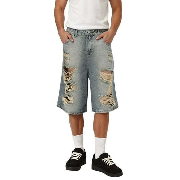 Hpapadks Men Jean Shorts Ripped Distressed Loose Fit Denim Bermuda Shorts with Pockets Summer Wide Leg Casual Retro Men Denim Shorts Light Blue M