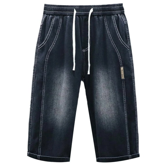 Hpapadks Men Jean Shorts Straight Leg Elastic Waist Drawstring Knee Length Denim Bermuda Shorts with Pockets Loose Fit Men Denim Shorts Black L