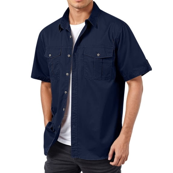 Hpapadks Men Shirt Casual Short Sleeve Button Down Lapel Cargo Blouses with Pockets Outdoor Loose Fit Mens Dress Shirts Blue XL