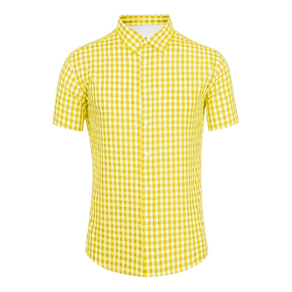 Hpapadks Men Shirt Casual Short Sleeve Button Down Oktoberfest Plaid Lapel Blouses Loose Men Dress Shirt Yellow S