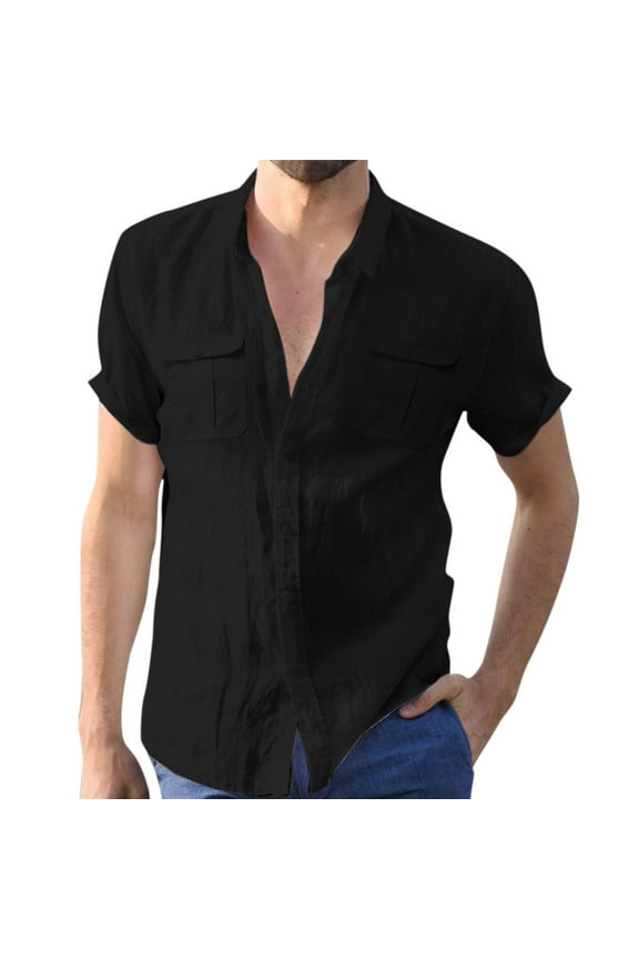 Men Shirt Casual Solid Short Sleeve Elegant Turn-Down Button Blouses with Double Pockets Formal Dress Shirts for Men Black XL